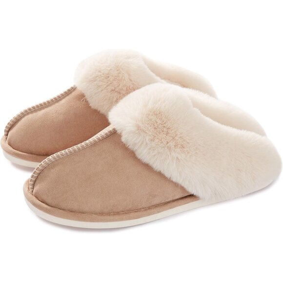 Women's Tan Fluffy Cozy Winter Warm Memory Foam Slip On Slippers Shoes - Picture 1 of 6